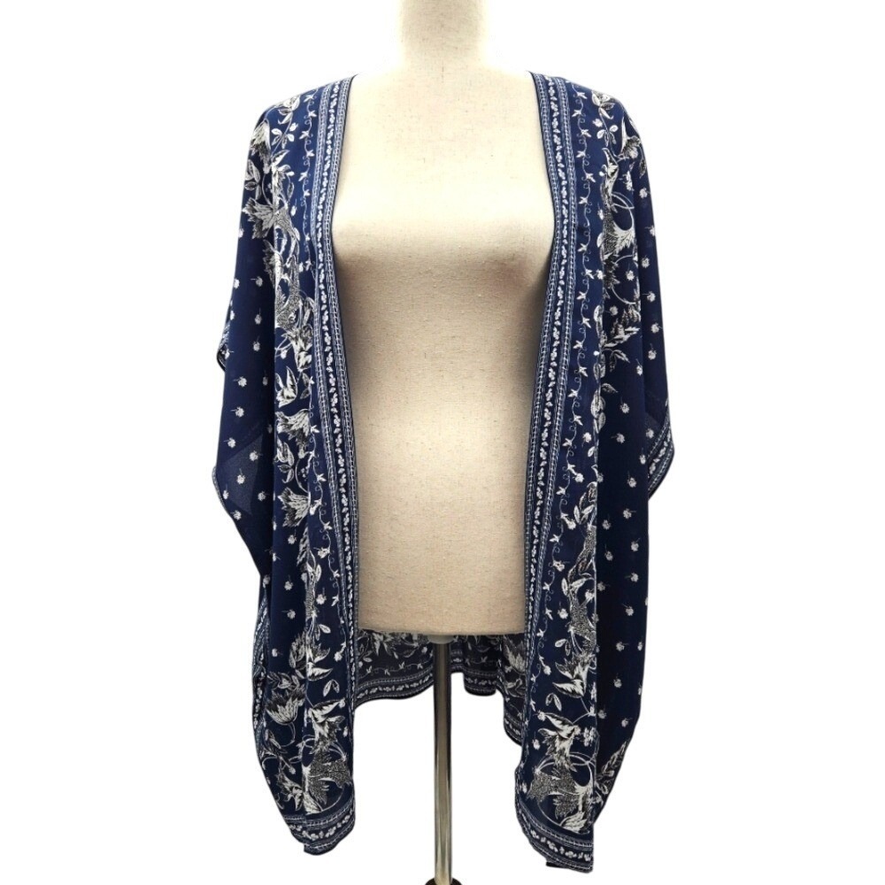 Kimono‎ Cardigan Duster Blue White Floral Print Bohemian Casual Open Front